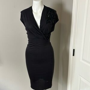 All Saints Maeva Dress Black Beaded Shoulder Draped Front Jersey LBD Sz 8